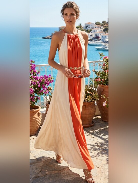 Ella Moss Dresses & Skirts - Ella Moss Orange and Cream Halter Maxi Dress Size:S